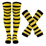 Tongcloud Womens Socks Striped Knee High Socks Arm Warmer Fingerless Gloves Set Over Knee Thigh High Arm Warmer Gloves (Black and Yellow)