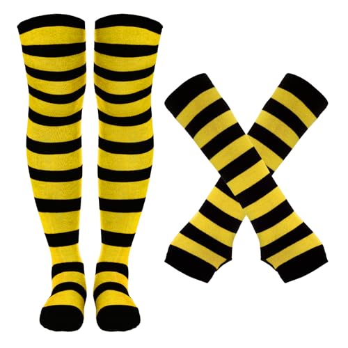 Tongcloud Womens Socks Striped Knee High Socks Arm Warmer Fingerless Gloves Set Over Knee Thigh High Arm Warmer Gloves (Black and Yellow)