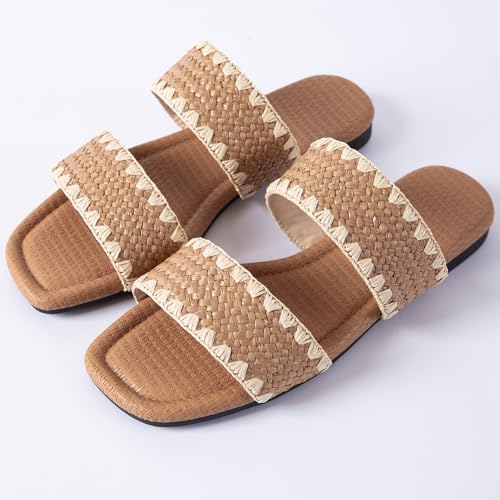 Image of Mtzyoa Women Flat Sandals Raffia Braided Summer Straw Dressy Casual Vacation Bohemian Cute Beach Comfy Slip On Slides