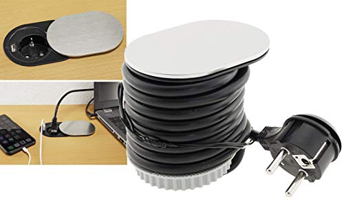 ChiliTec Versenkbare Einbausteckdose mit USB A 2,4A 230V 190cm Anschlusskabel mit Stecker Silber Schwarz