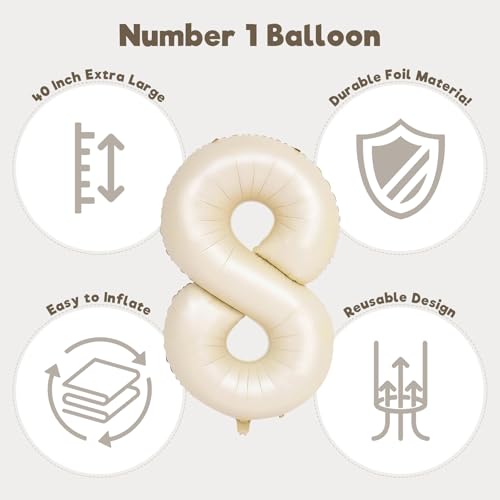 Image of Number Balloons for Birthday Decorations - 40 Inch Large Party Balloons 8, Cream Foil Number Balloons for Boys Girls, Balloons for Party Supplies