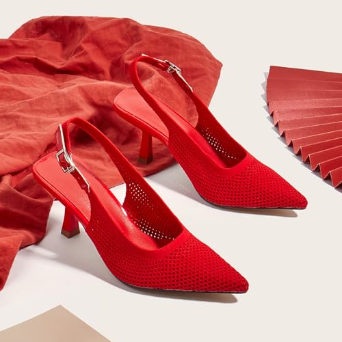 Women's Knitted Pointed Toe Stiletto Slingback Pumps Adjustable Ankle Strap Closed Toe Sexy Kitten Heel Dress Sandals Shoes for Office Wedding Party4