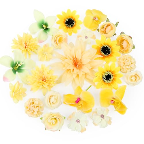 LARDUX 24 Stücke Kunstblumen zum Basteln Kunstblumen Köpfe,künstliche blumenköpfe klein Blüten Künstlich blütenköpfe Seidenblumen Köpfe Mix für DIY Basteln Hochzeit Party Home Handwerk Deko-Gelb