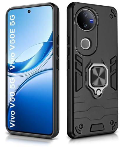 Image of WOW IMAGINE Shock Proof Back Case Mobile Cover for iQOO Z10R 5G | Vivo V50 5G | V50e 5G | V50 5G Elite Edition | Vivo T4R 5G| (Tough Armor | Hybrid PC + TPU | Ring Holder & in-Built Kickstand | Black)