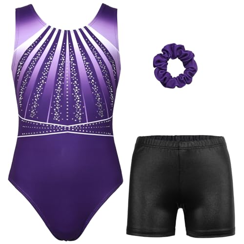 MODAFANS Gymnastics Leotards for Girls with Shorts Ballet Dance Set Activewear Violet Diamond,6-7Years