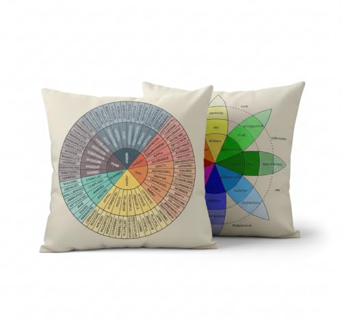 Set of 2 Wheel of Emotions Pillow Covers 18x18 Double-Sided Velvet Feelings Chart Cushion Cases Calming Corner & Therapy Office Decor for School Counselors Social Workers