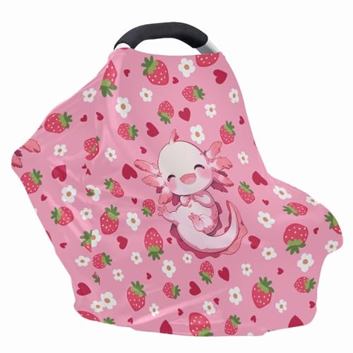 Image of Axolotl Car Seat Covers Canopy Cover - Multi-use Cover Pink Strawberry Carseat Canopy, Breathable Breastfeeding Cover, Reusable Car Seat Covers for Bbies