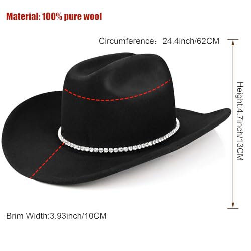 Image of 100% Wool Western Cowboy Hat for Men Women Classic Fedora Hat Felt Cowgirls Hats with Two Decorative Bands