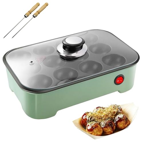 Electric Takoyaki Maker, 12 Hole Mini Octopus Ball Maker with Lid, Non Stick Baking Pan for Takoyaki, Pancake Balls and Puffs, Green