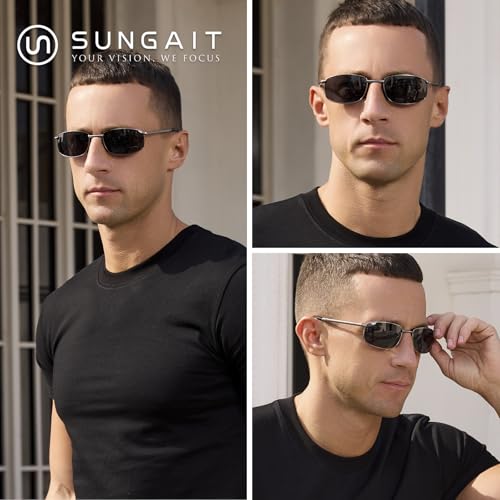 SUNGAIT Folding Rectangular Sunglasses for Men: Metal Lightweight Portable Foldable Pocket Polarized Sun Glasses UV4002