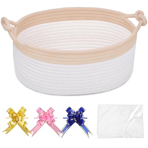 Image of COMSE Small Gift Basket Empty with Bag & Ribbons, Beige & White