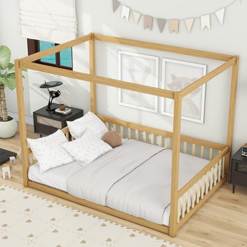 Image of Full Size 4-Posters Canopy Bed Frame with Fence Guardrails, Rubber Wood Montessori Floor Platform Bed for Kids Teens Girls Boys, No Box Spring Needed (Natural-02)