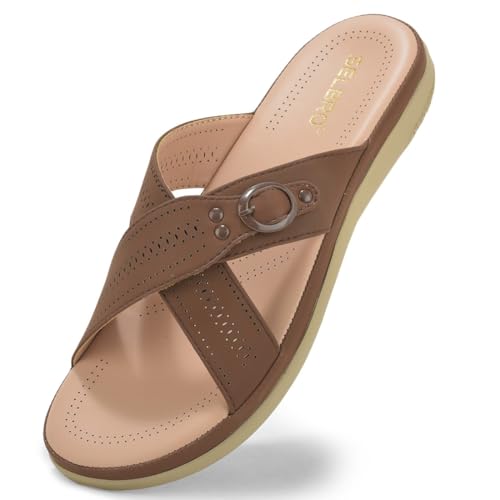 Image of SELBRO Women's Comfort Slip-On Sandals - Lightweight Criss-Cross Strap Flats with Laser-Cut Detail and Cushioned Footbed - Stylish Everyday Walking Flats SAR-CHD126