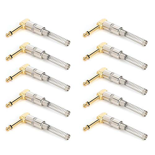 Bewinner1 Conector Mono de Audio de 6.35 mm, Conector Mono Curvo de 90 Grados Chapado en Oro, Conector de Bricolaje para soldar con Cable de micrófono Macho, conectar con Altavoz y Guitarra eléctrica Cover