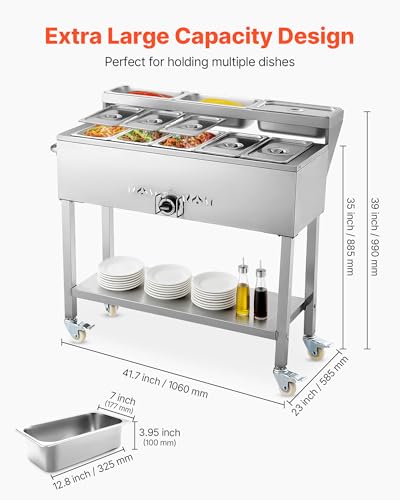 Image of VEVOR Commercial Propane Steam Table, 5 Food Pans & 3 Condiment Pans, LP Gas Outdoor Soup Warmer with Drain Valve and 3 inch Wheels, Stainless Steel Propane Food Warmer with Adjustable Temp for Outdoor