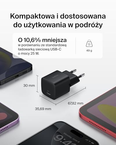Belkin ładowarka sieciowa USB-C 25 W – szybkie ładowanie USB-C PD 3.0 z PPS dla urządzeń Apple iPhone 16, iPhone 15 Plus, Pro, Pro Max, iPad, Samsung Galaxy S25, Pixel 9, Nintendo Switch – czarna
