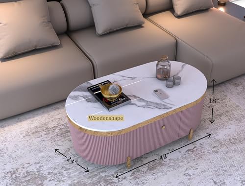 Image of Premium Marble-Top Center Table with One Storage Door and PVD Coated lron Legs and Coffee Table with Oval Design for Living Room and Entryway [ Modern coffee table ] ,42x24x18 Inch, (Pink)
