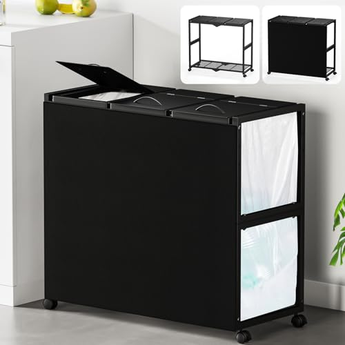 TTWO ゴミ袋ホルダー 3分別×45L 平袋・U型袋両対応 ダストワゴン ゴミ箱 マグネット式目隠しカバー ふた付き 高さ調整 10L～55Lゴミ袋対応 ゴミ箱ホルダー スタンド ポリ袋ラック レジ袋スタンド リサイクルスタンド ゴミ捨て簡単 エコ スリム キッチン 台所 リビング オフィス キャスター/アジャスター付き (Black)の画像