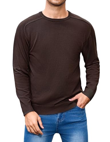iClosam Suéter Hombre Cuello Redondo Suéteres de Manga Larga para Hombres de Punto Trabajo Jersey, marrón, S