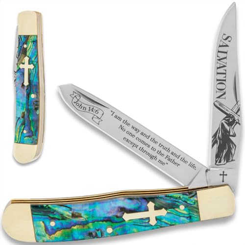 BUDK Salvation Trapper Pocket Knife - Abalone | Spiritual-Themed Design with Laser Etching | Mirror-Polished Stainless Steel Blades