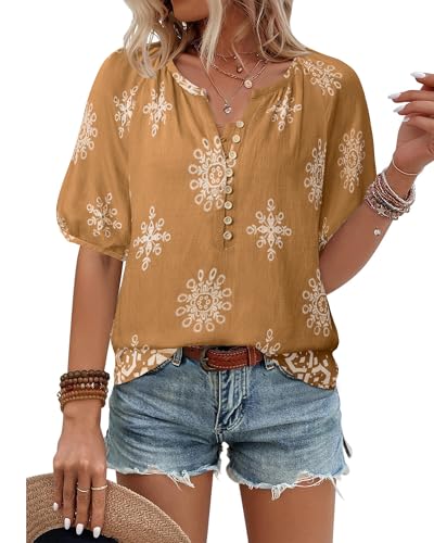 Unixseque Womens Summer Tops V Neck Short Sleeve Blouses Casual Button Down Shirts Floral Boho Clothing Trendy 20252
