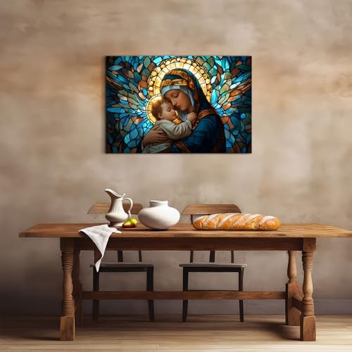 Image of Vintage Christian Canvas Wall Art Virgin Mary Embrace with Sleeping Infant Jesus Paintings Wall Decor Modern Aesthetics Posters Religious Framed Artwork for Nursery Room Bedroom Home Decoration 24x36 inch
