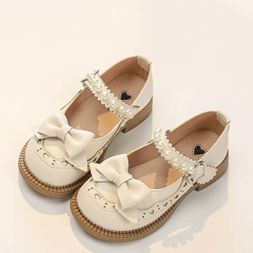 Girls Closed Toe Mary Jane Uniform Shoes Toddler Flower Girl Dress Shoes Pearls Bow Low Heels for Part𝐲 Student4