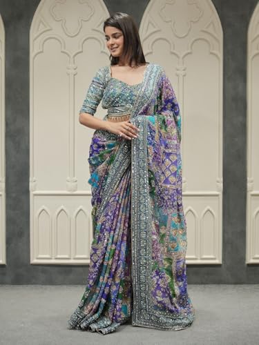 Image of Women's Soft Chinnon Silk Digital Print Saree with Embroidery and Real Mirror Work, Designer Traditional Saree with Elegant Piping Border and Unstitched Blouse
