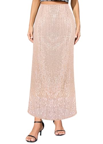 Naimo Damenrock mit Pailletten, hohe Taille, Bodycon Maxirock mit Schlitz A-Linie, elegant, Cocktail-Party, langer Rock, beige, XL
