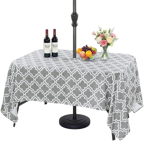 Eternal Beauty Rectangle Indoor & Outdoor Splashproof Tablecloth with Umbrella Hole and Zipper for Patio Garden Party and BBQ (132 x 178 cm Grey)