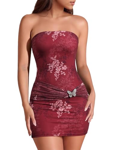 XXTAXN Women's Sexy Tube Strapless Floral Pattern Ruched Bodycon Date Night Mini Dress with Bow Tie