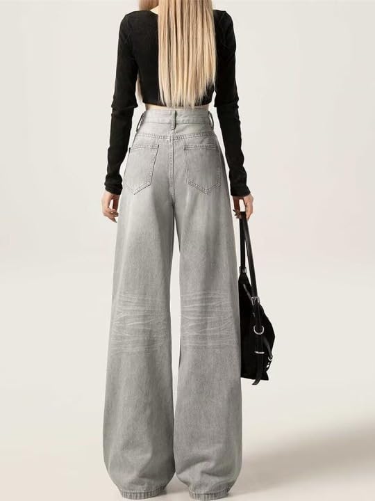 Image of KOTTY Women Trendy Wide Leg Jeans High Waist Baggy Fit Denim Streetwear Jeans