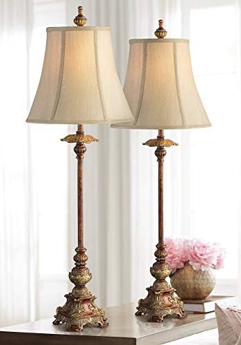 Juliette Traditional French Country Cottage Buffet Table Lamps 36.5" Tall Set of 2 Light Bronze Brown Gold Bell Fabric Shade Decor for Living Room House Home Dining - Regency Hill