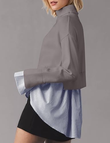 Image of Turtleneck Asymmetrical Sweaters for Women Patchwork 2 in 1 Pullover Knit Sweater Slit Button Down Shirt 2026 Fall