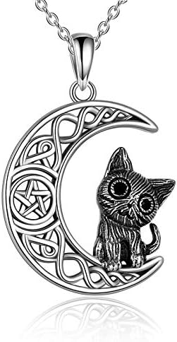 YFN Cat Necklace Jewellery for Women Sterling Silver Celtic Knot Cat On The Moon Necklace Wiccan Jewelry Gifts for Girls