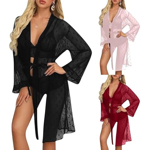 Fridja Women's Sexy Long Lace Kimono Robes Sheer Mesh Chemise Lace Gown Cover Up Bra And Panty Sets Valentine's Day Gift Black Cover