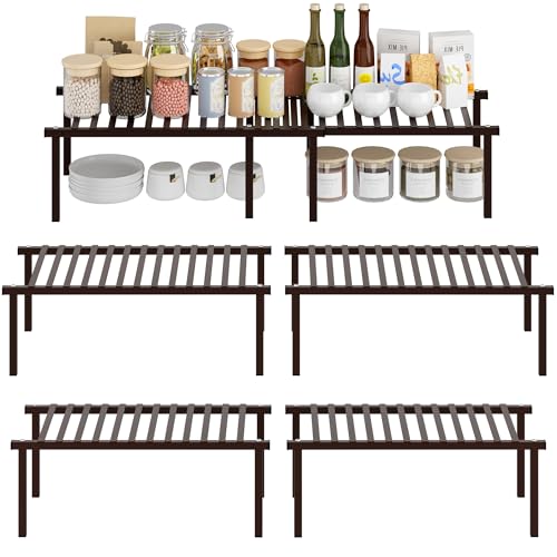 STORAGE MANIAC Set of 4 Expandable Kitchen Cabinet Organizer Shelf Kitchen Counter Shelves Spice Rack Kitchens Storage Wire Shelf Adjustable Metal Pantry Storage for Plate Dish, Brown