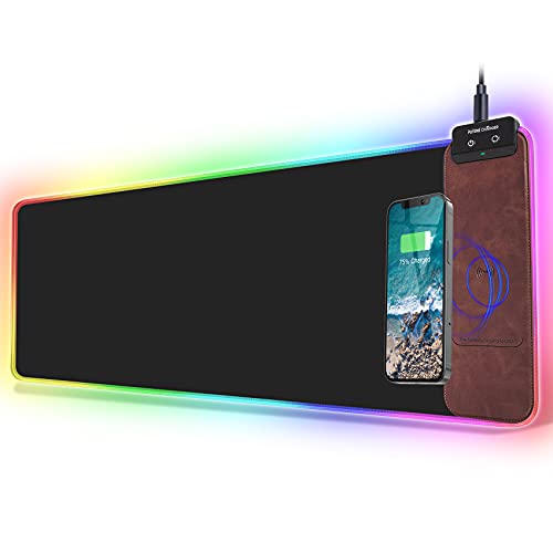 FutureCharger RGB Gaming Mouse Pad, Wireless Charger Large Extended Soft Mouse Pad, Keyboard Pad with 10W Wireless Charging Compatible with iPhone 11 Pro/Xs Max/XR/X/XS Samsung Galaxy S10/S9-Brown