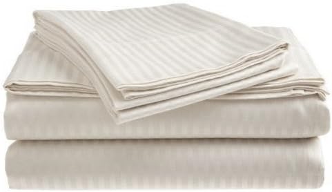 Deluxe Hotel 4-Piece Bed Sheet Set - Dobby Stripe - 100% Cotton Sateen - 300 Thread Count - Full - White