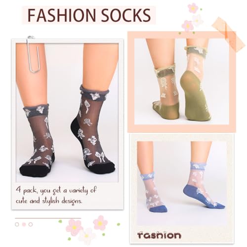 Image of Campsis Sheer Socks Flower Lace Sock Ruffle Sheer Ankle Socks Floral Nylon Sock for Women and Girls(5 Pairs)