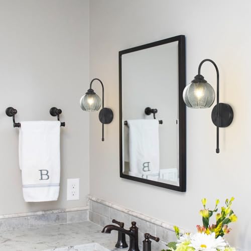 Image of KCO Lighting Smoked Glass Wall Light Large Black Globe Wall Sconce Mid Century Modern Bathroom Vanity Light Fixture Black Long Wall Sconce Farmhouse Hardwire Wall Sconce