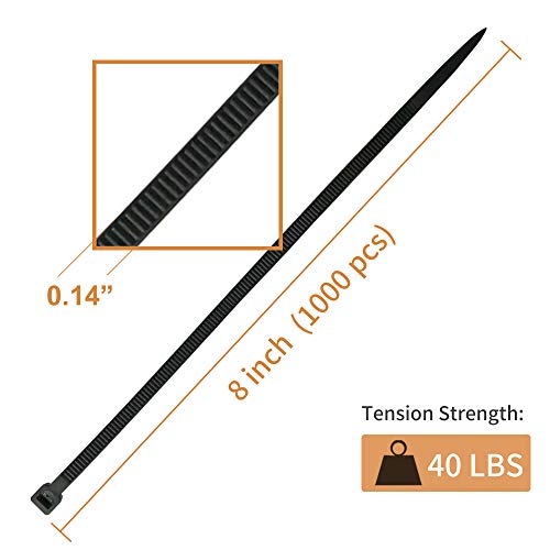 Dekun 8 Inch Cable Zip Ties 1000 Pcs, 40 Lb Strength Uv Resistant Nylon Wire Management Ties (8 Inch, Black, 1000 Pack) #TOP1