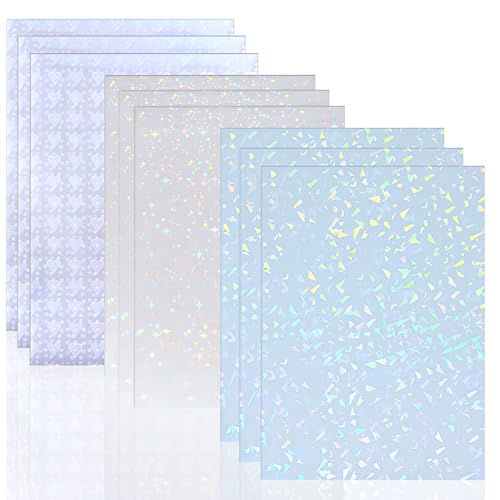Azlanway Hojas de pegatinas holográficas, 9 unidades, 3 estilos, autoadhesivas, transparentes, A4, película decorativa para manualidades