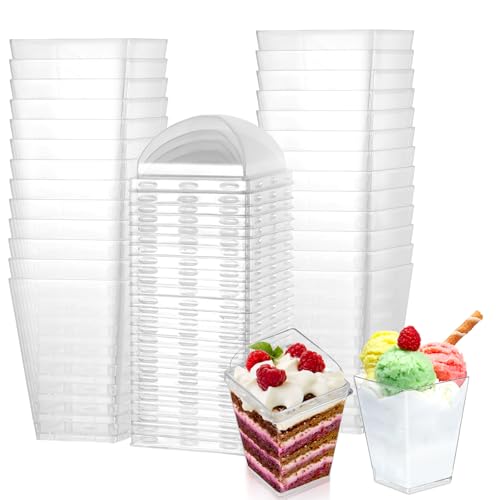 Hejo 50 Pezzi Dessert Bicchieri con Coperchio,160ml Riutilizzabili Bicchieri per Dessert,Ciotoline Monoporzione per Dolci con 50 Cucchiai,Quadrate Coppette Gelato Macedonia Budino