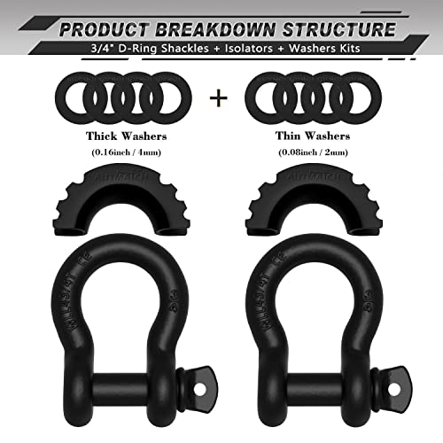 AUTMATCH 3/4" D Ring Shackle (2 Pack) 41,887Ib Break Strength with 7/8" Screw Pin and Shackle Isolator & Washers Kit for Tow Strap Winch Off Road Towing Jeep Vehicle Recovery Matte Black