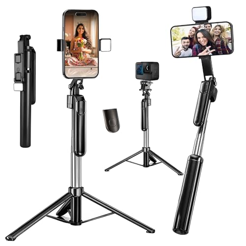 Image of Kratos Upgraded 2026 Selfie Stick Mobile Tripod, LED Bright Fill Light, Wireless Bluetooth Remote,62 inch Extendable Reinforced Tripod,Antishake 360 Rotating Handle,Multifunction Wide-Angle,Selfie,Vlogs