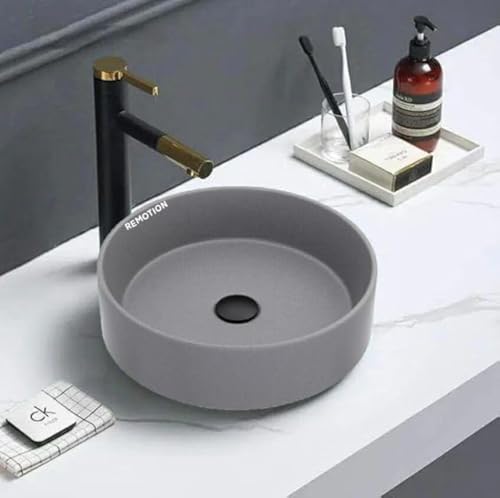Image of REMOTION Round Countertop Wash Basin For Bathroom | Tabletop Ceramic Bathroom Sink | Wash Basin Over Counter | Wash Basin For Living Room, Resturent (12.5 x 12.5 x 5 Inch) (Matte Grey)