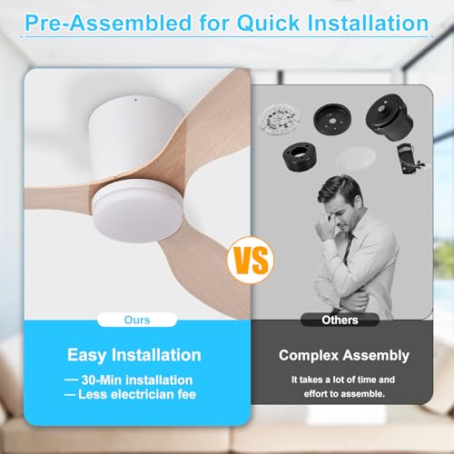 Image of Depuley Flush Mount Ceiling Fan: 42-Inch White Ceiling Fans with Lights for Bedroom Indoor Outdoor - Low Profile Ceiling Fans with Remote Control 24W 3CCT Dimmable 3 Reversible Wood Blades 6 Speeds