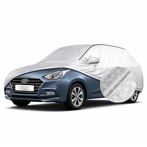 Image of SEAZEN Waterproof Car Cover for Hyundai Xcent | Dustproof, UV & Scratch Resistant Soft Cotton Lining | Triple Stitched, Mirror Pockets & Elastic Hem | Metallic Silver with Black Piping