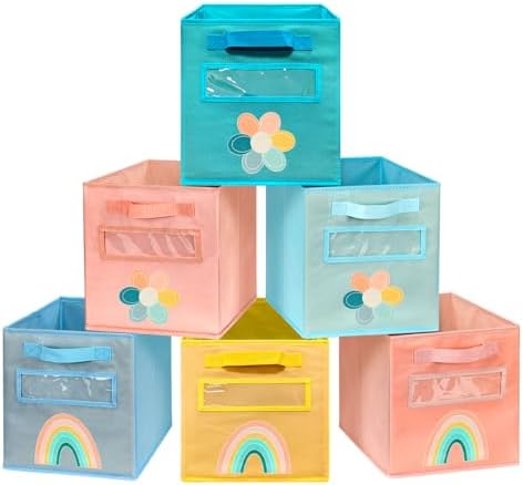 Cube Storage Bins, 6 Pack 11 Inch Fabric Storage Bins with Handle and Label Window, Foldable Storage Cubes, Colorful Fabric Bins for Kids Room, Classroom Organization and Storage, Clothes, Toys